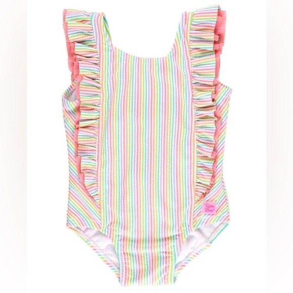RuffleButts Seersucker Waterfall One Piece Swimsuit pastel bow rainbow girls - Picture 1 of 7